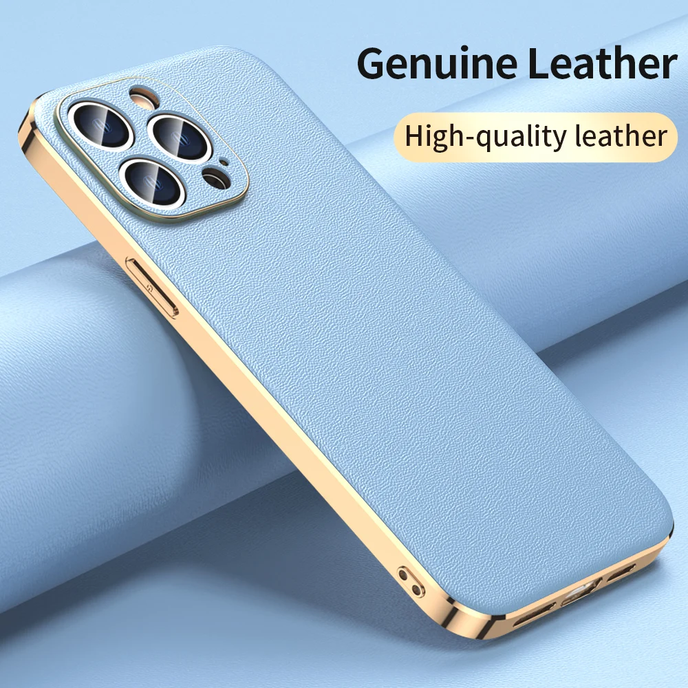 

Langsidi Luxury Gold Plating Leather Case For Iphone 14 Pro Max 14 Plus 13 12 11 Pro Max Wireless Charging Covers Fundas Capa