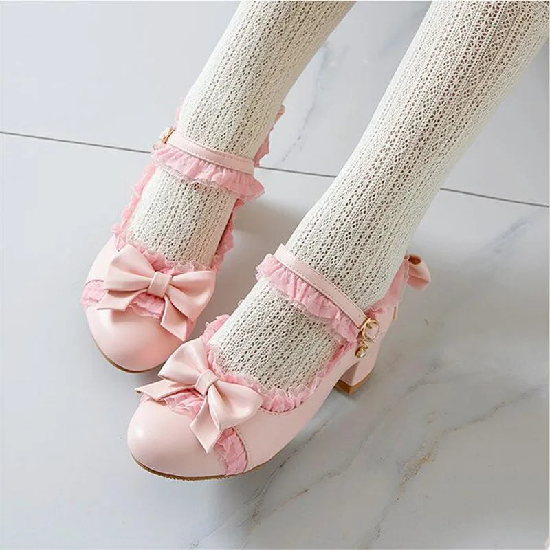 Children Girls High Heel Shoes Lolita Mary Janes Shoes Sweet Ruffles Bowknot Princess Party Dress Wedding Shoes Size 28-39 lolita girls mary janes shoes bowknot princess ruffles sweet bride wedding party dress women high heels cosplay pink size 32 46