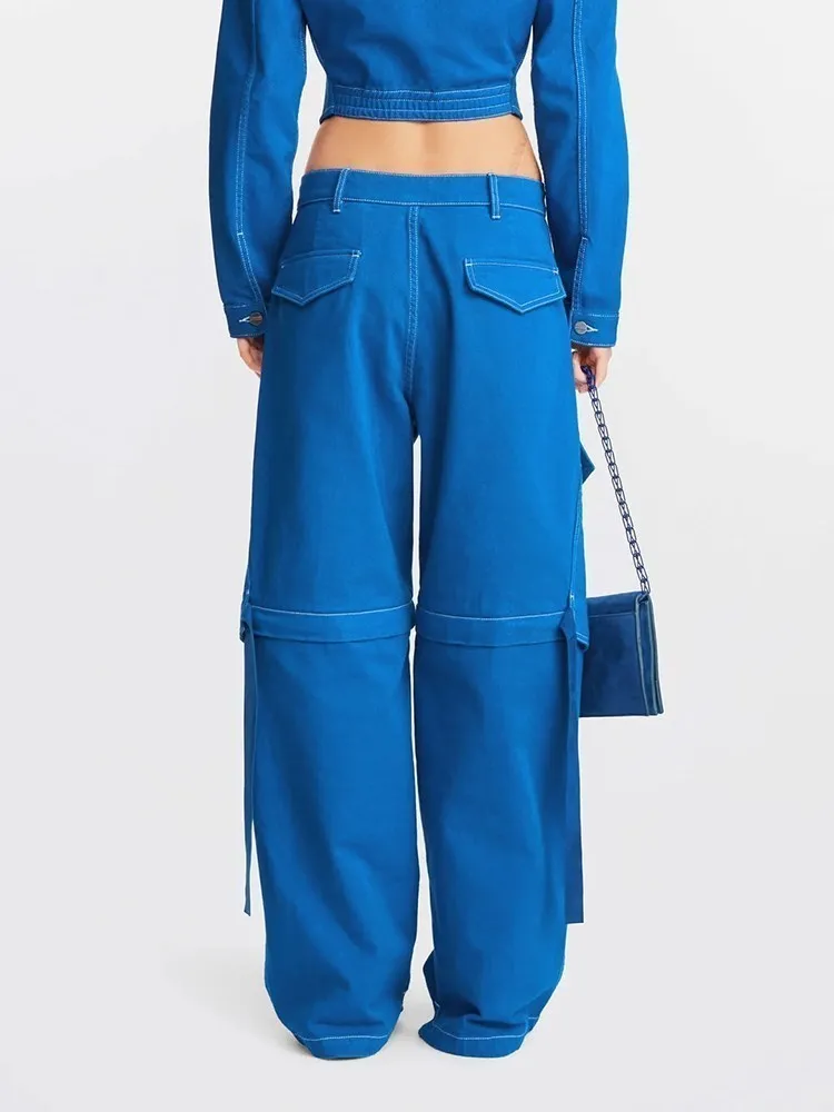 BPN Patchwork Pockets Denim Pant For Women High Waist Spliced Single Button Casual Loose Soild Wide Leg Jeans Female Fashion New