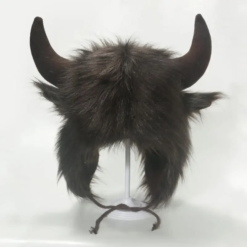 Funny Cow Horn Pullover Hat Winter Thickened Warm Fur Hat Ear Bomber Ear Protection Women Men Cosplay Accessories
