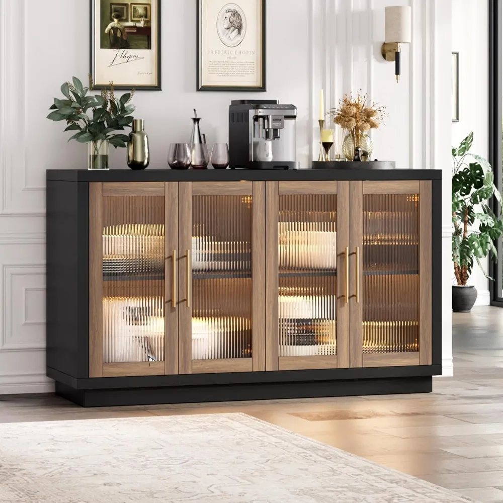 Buffet Cabinet with Storage, 55.1" Large Sideboard Buffet Cabinet, Modern Sideboard Kitchen Cabinet with 4 Fluted Glass Doors 5