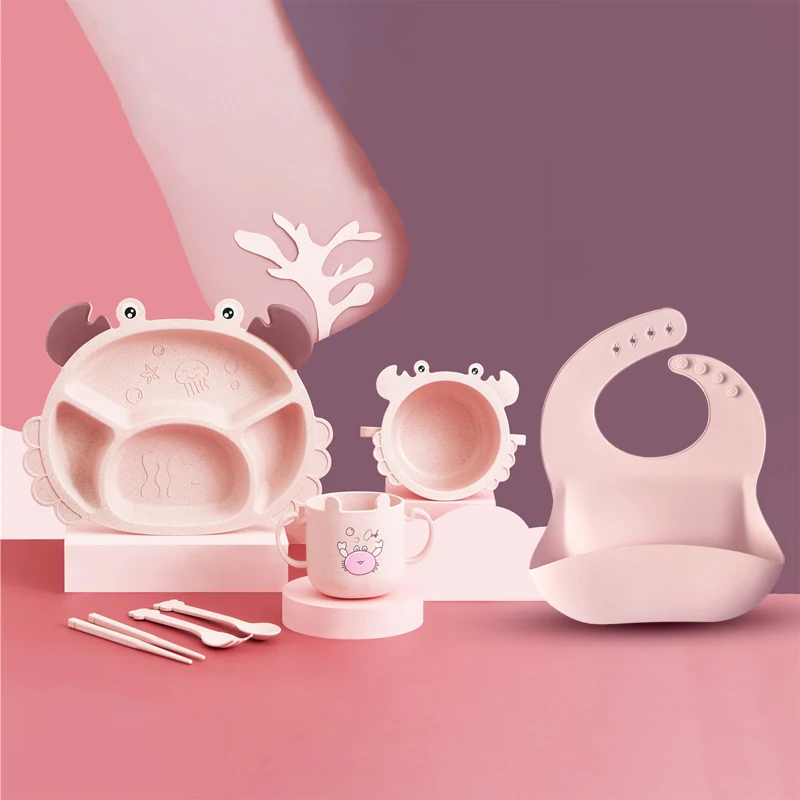 

6PCS Kids Plates Children's Feeding Wheat Fiber Bowl Plate Cup Bibs Spoon Fork Set Non-Slip Cartoon Dishes For Kids BPA Free