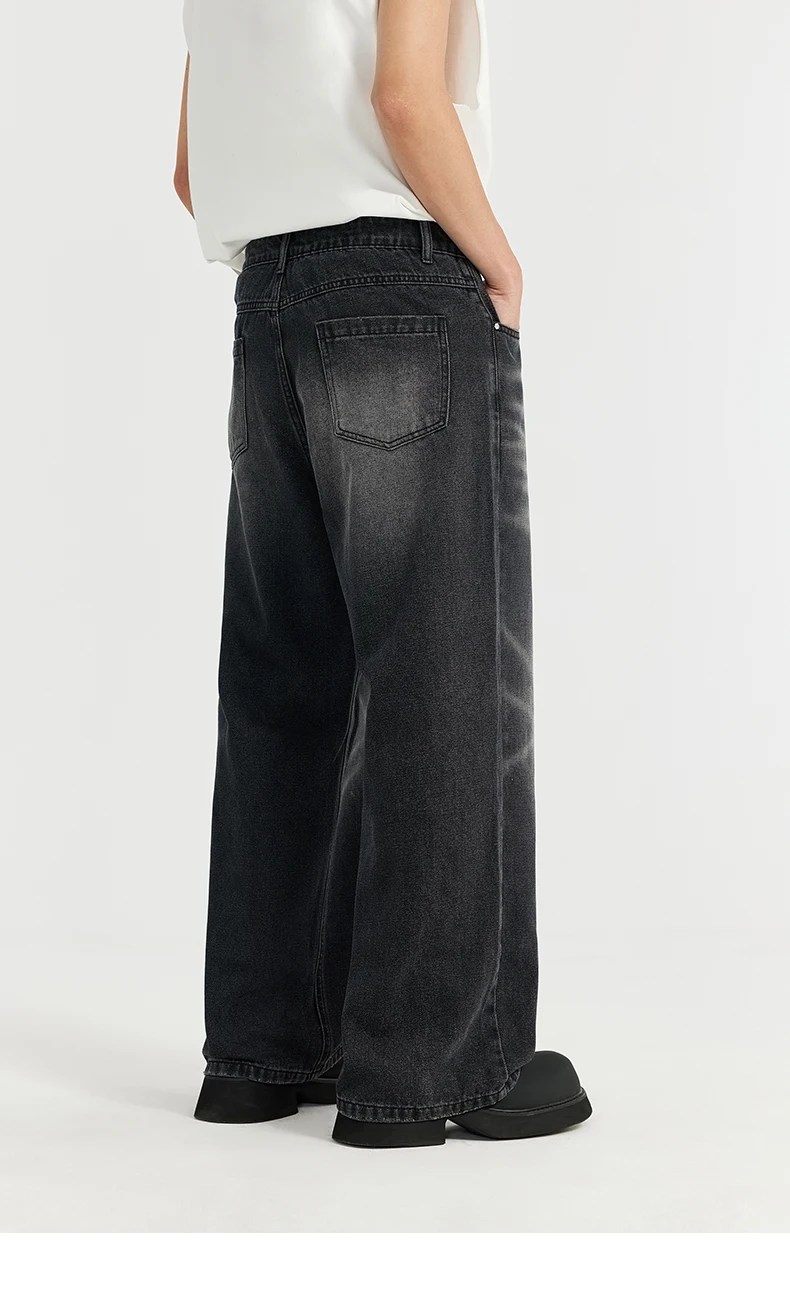 Description Picture 5 of itemINFLATION Retro Washed Straight Denim Trousers Men High Street Ripped Wide Leg Jeans