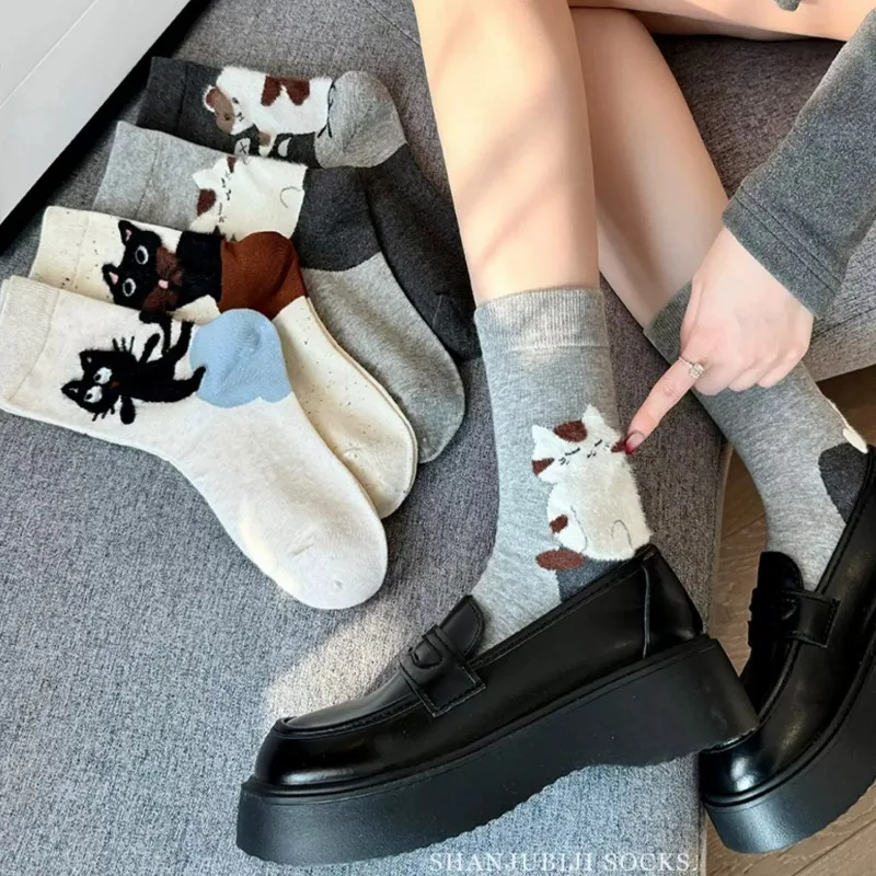 4pairs Fashion Cute Cartoon Kitten Pattern Socks Sweat Absorption Breathable Soft Mid Tube Socks Casual Socking for Women Girls