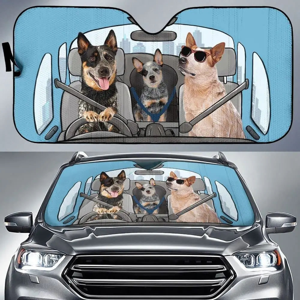 

Australian Heeler Family Wearing Sunglasses Driving Blue Car Sunshade for Heeler Lover, Australian Cattle Dog Auto Sunshade for