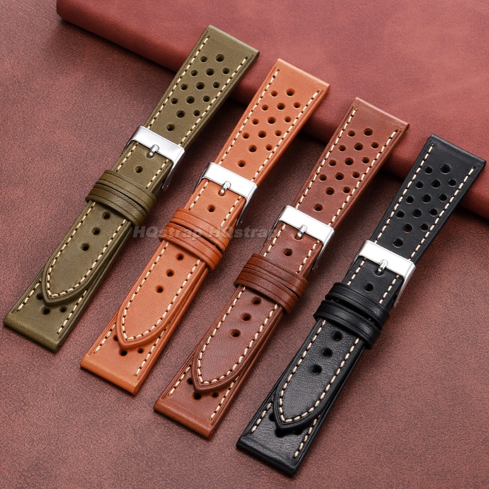 Premium Handcrafted Vintage Brown & Black Leather Watch Strap – Breathable Cowhide Wristband