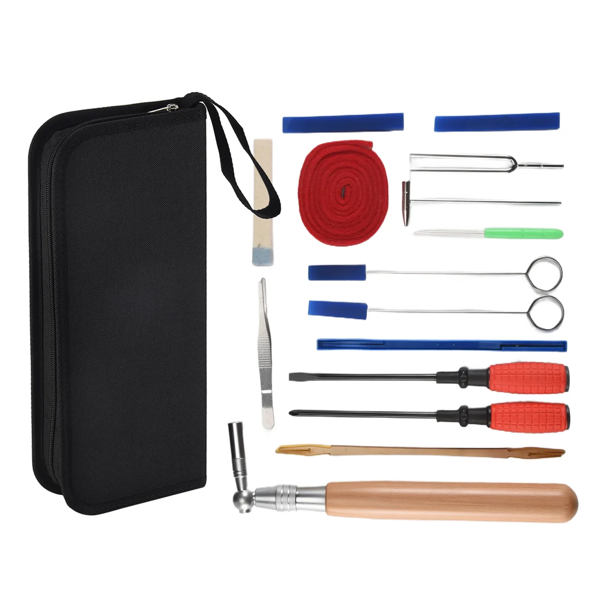 A51Q-Piano Tuning Kit 16Pcs Professional Piano Tuners Tools Set Wrench Hammer Mute Fork Screwdriver Belt Tweezers Clip
