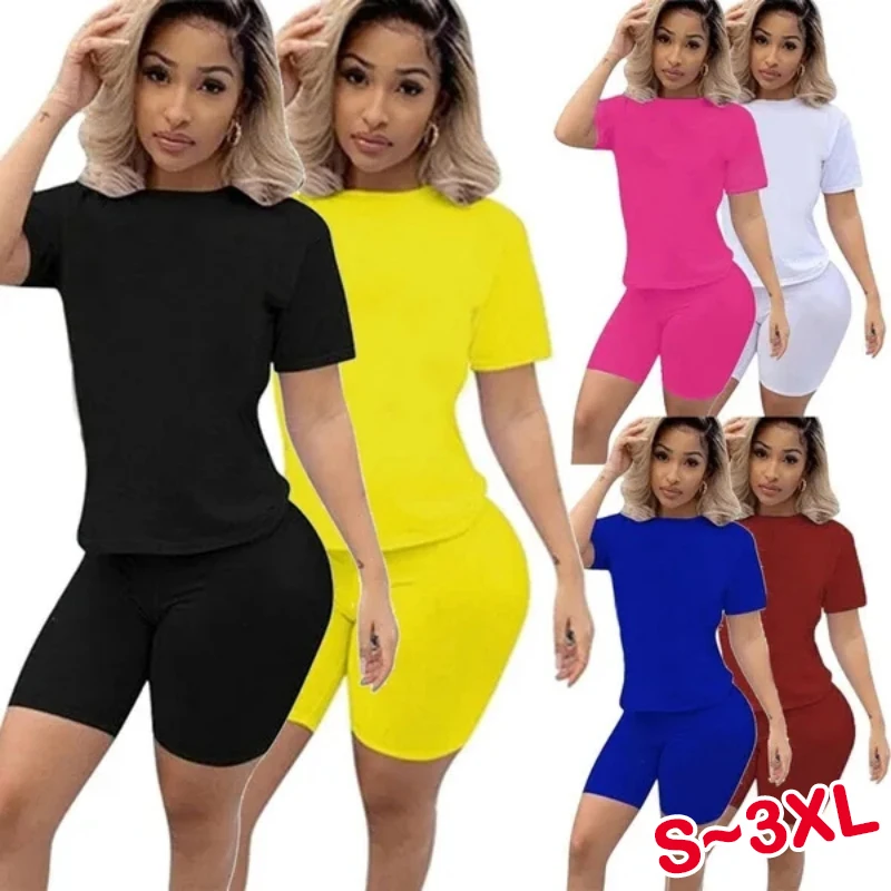 2024 Women's Solid Color Sports Two Piece Set Short sleeved T-shirt Top Shorts Over Knee Long Pants Set Sportswear Set men s stockings sexy over the knee blue striped football sports socks boy student middle stockings exotic apparel mans underwear