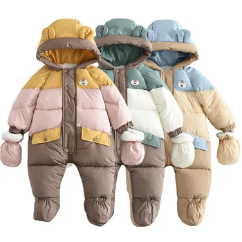 0-2 Y Winter Baby Clothes Bear Hoodie Toddler Girls Rompers Thicken Fur Lining Boys Jumpsuits Toddler Warm One Piece 1
