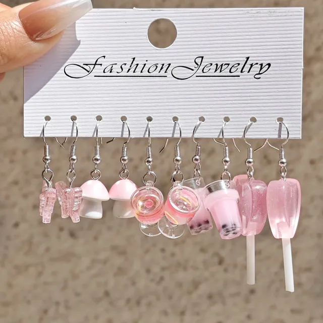 European and American cross-border cartoon fashion resin simulation food, milk tea, mushroom candy earrings, pink set 1
