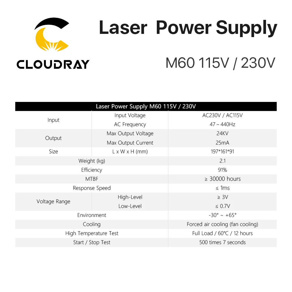 CO2 laser power supply 60W 115V/230V for CO2 laser engraving cutting machine