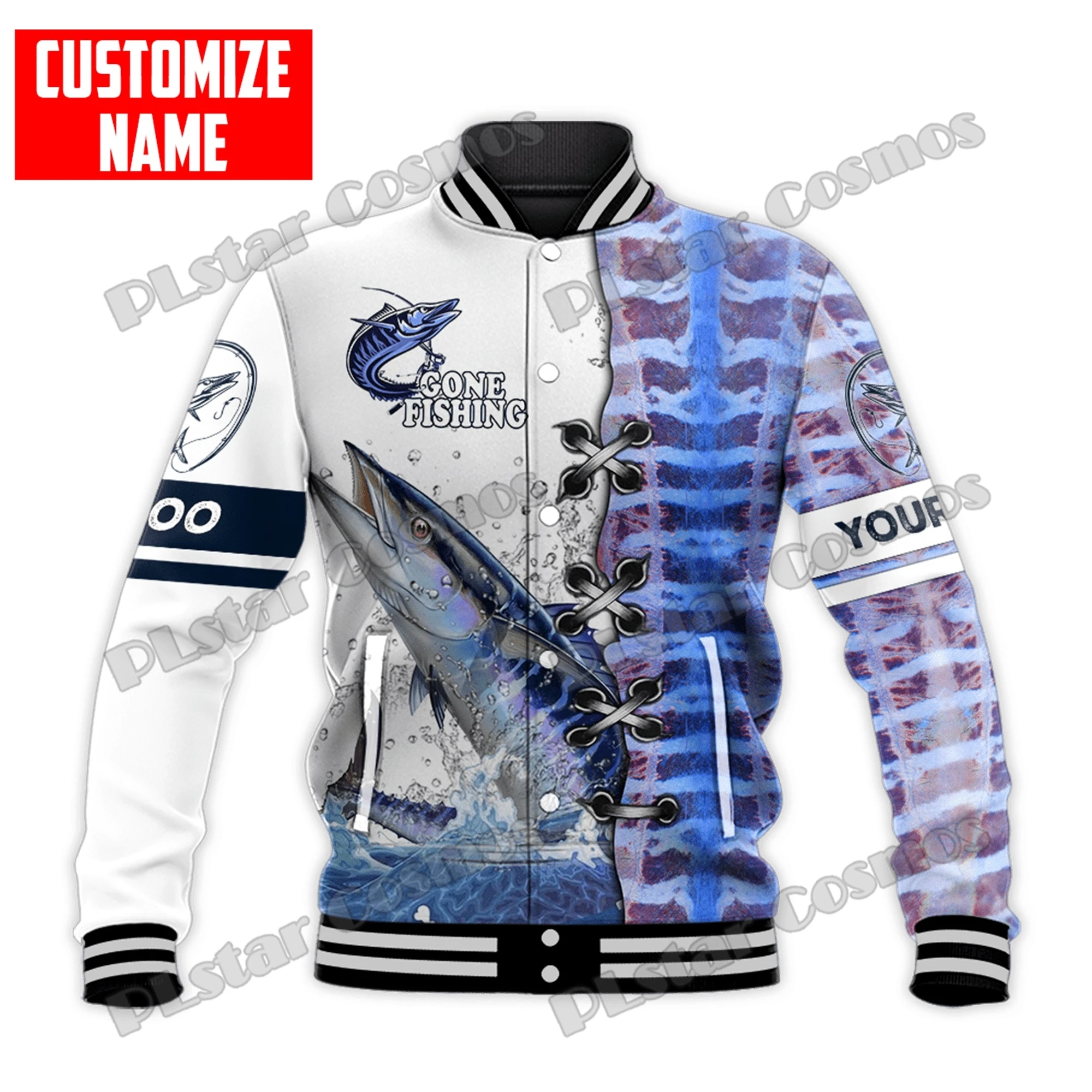 Custom Name Trout & Tuna Fishing 3D Printed Fashion Men's Bomber Full-Snap Jacket Unisex Casual Winter Warm Baseball Jacket FX21