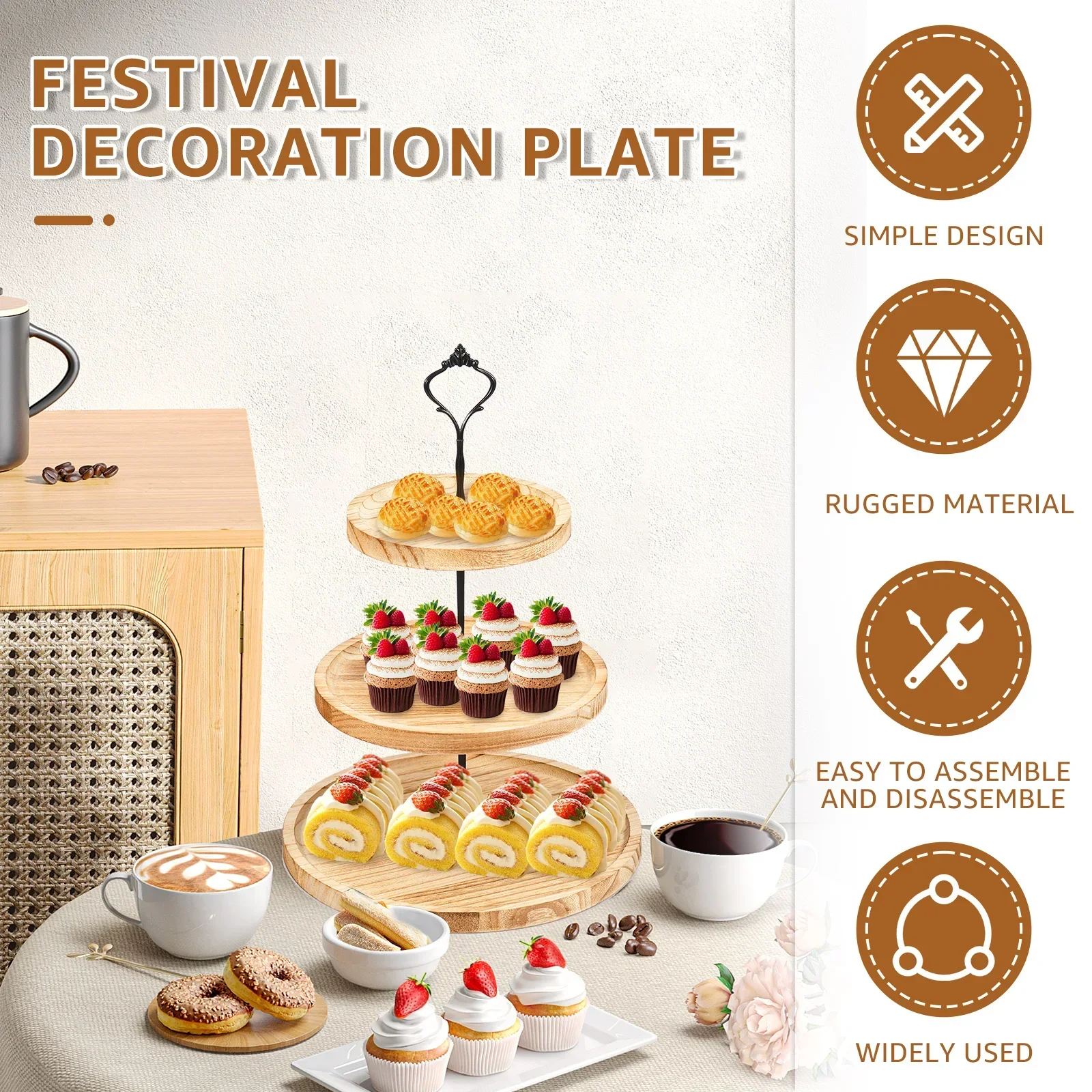 3 Layer Wood Cake Display Cupcake Tray for Stand Snack Dessert Wedding Party Table Birthday Round Tiered Dessert Serving Tray 2