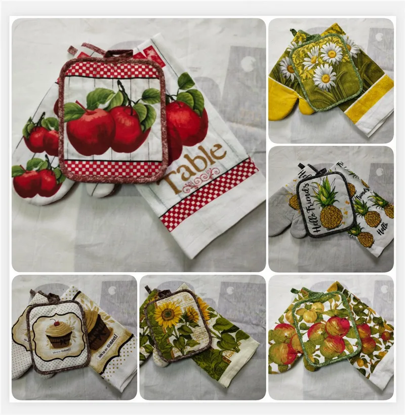 Flower Fruits Printed Cotton Nordic Anti Scald Microwave Oven Glove Insulation Pad Tea Towel Kitchen Tools 3 Pcs/Set