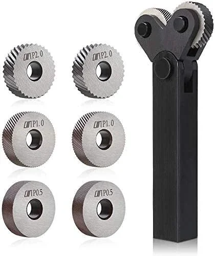 Knurling tool set 7PCS 0.5/1/2mm diagonal dual wheel linear knurl steel lathe cutter wheel holder hob