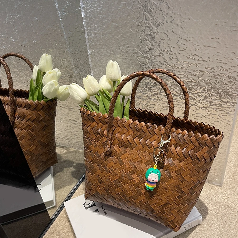 Women Weave Shopping Bags Large Capacity Summer Pool Bag Solid Color for Lady for Vacation Travel Daily Casual with Cute Pendant