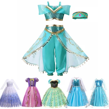 디즈니 소녀 재스민 공주 드레스, 어린이 엘사, 안나, 벨라, 라푼젤, 인어 의상, 백설공주, 신데렐라, 오로라 드레스