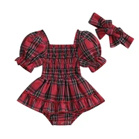 Citgeett Summer Christmas Infant Baby Girls Bodysuit Dress Plaid Print Short Puff Sleeve Jumpsuit + Bow Headband Xmas Clothes 2
