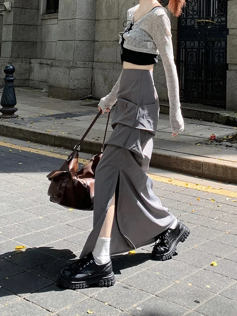 

Vintage High Waist Tooling Hip Wrap Skirt For Woman Long Skirts