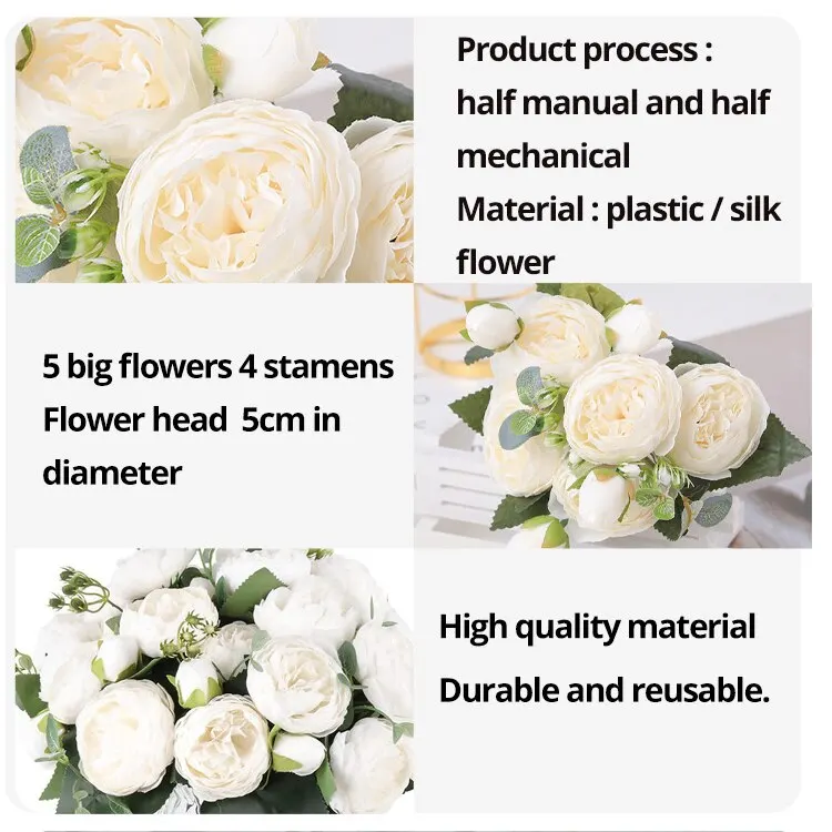 Artificial Flowers 30cm Rose White Peony Bouquet 5 Big Head and 4 Bud for Home Wedding Decoration Indoor