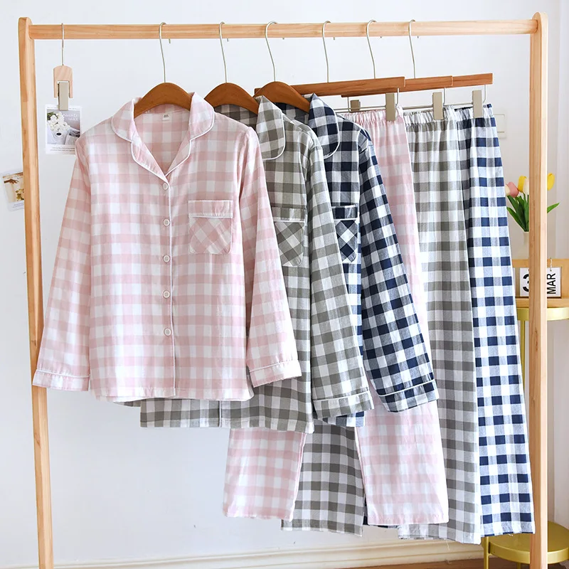 

Couples Plaid Design Cotton Long Sleeve Long Pants Pajamas for Men's and Women's Spring and Autumn Thin Homewear Pijamas Set