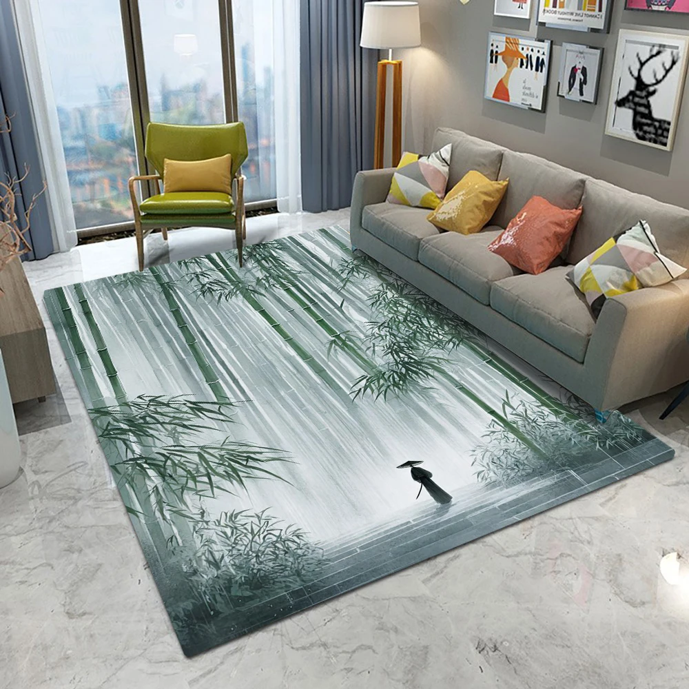 שטיח אמנות זן יפני עם דוגמת יער במבוק וציפורן אמנותית מתאים לחדר אורחים וחדר שינה