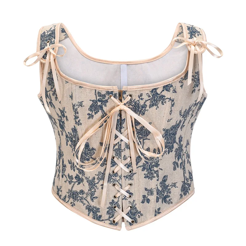 

Beige & Blue Floral Printed Lace Up Vintage Overbust Corset With Straps Medieval Corsets For Women Gothic Clothing Sexy Crop Top
