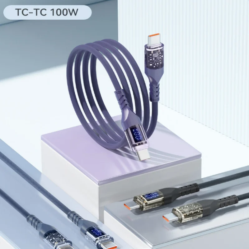 100W 디지털 디스플레이 USB-C to USB-C 고속 충전 케이블 투명 쉘 데이터 코드 1M 1.5M 보라색 타입-C 노트북 스마트폰용