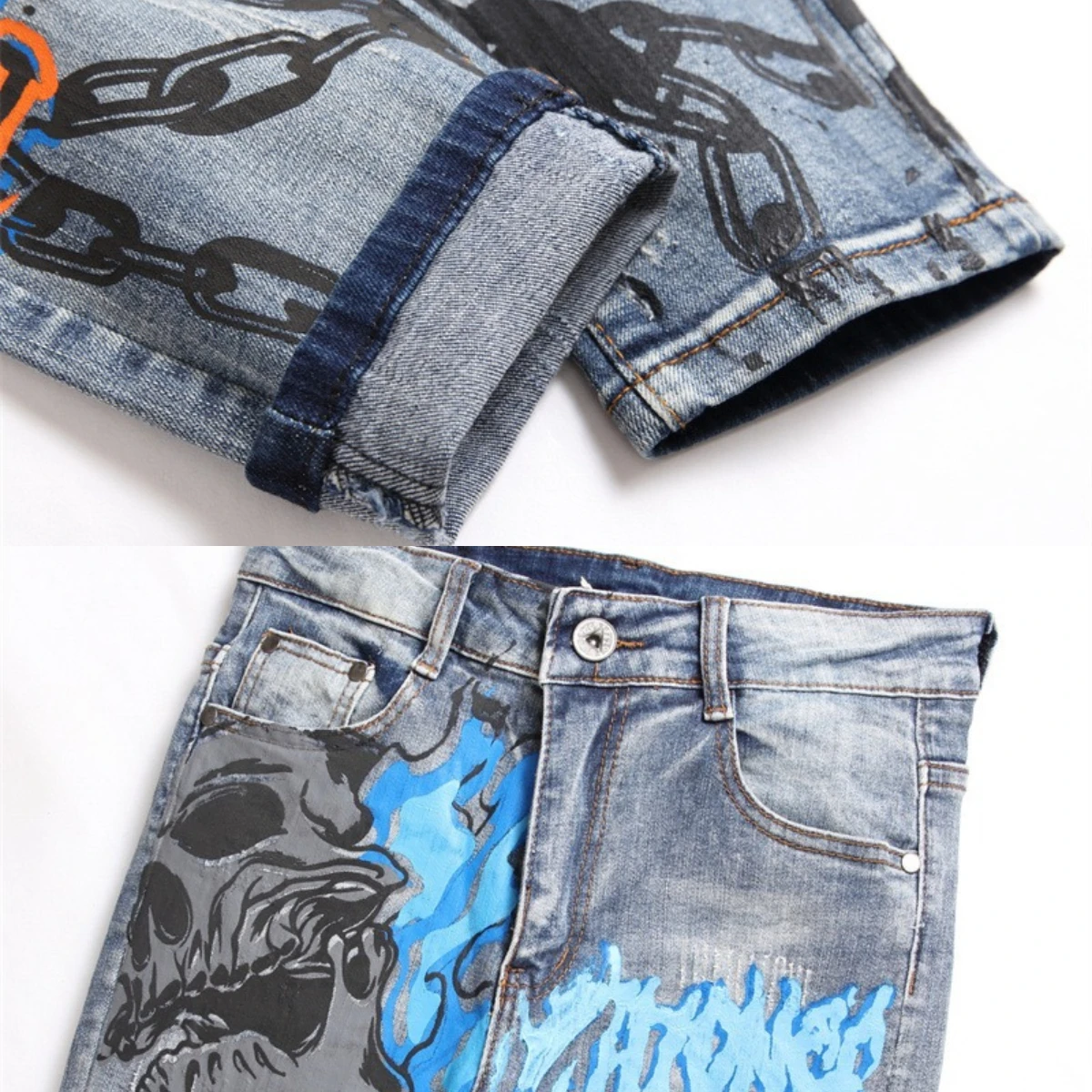 Broken Hole Jeans Men Graffiti Skull Embroidery Worn High Elastic 3D Inner Embroidery Zipper Bleached Slim Fit Pants Soft Feet24