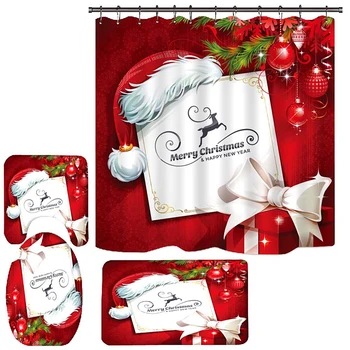 4PCS Bathroom Shower Curtain Set Christmas Snowman Santa Claus Printed Waterproof Shower Curtain Toilet Cover Mat Non Slip Rugs 4