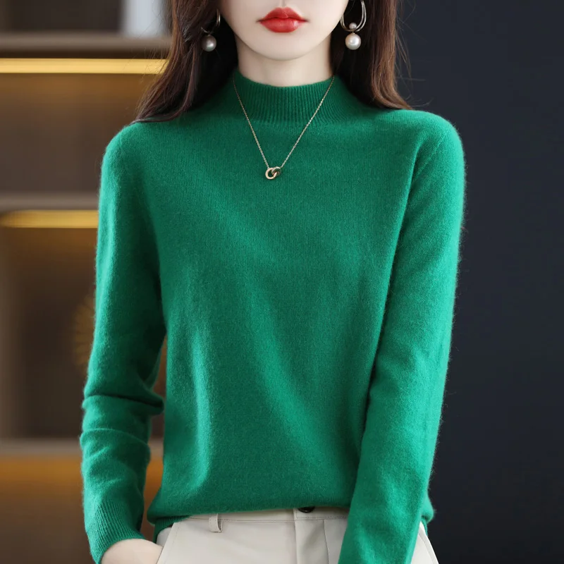 

100% pure wool classic fashion women's semi-high collar solid color long sleeve loose slim sweater bottoming coat