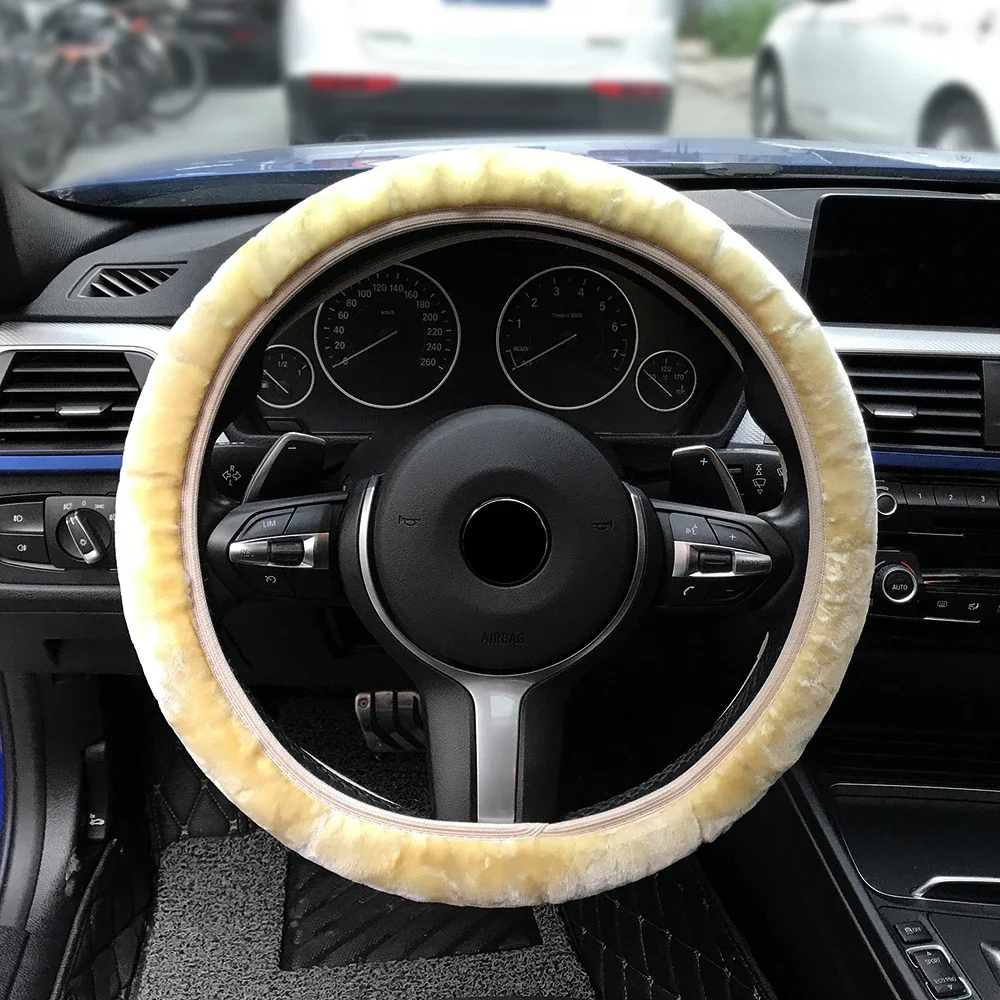 38cm Premium Soft Short Fur Car Steering Wheel Cover High-density Warm Plush Winter Steering Wheel Protector Cover Accessories