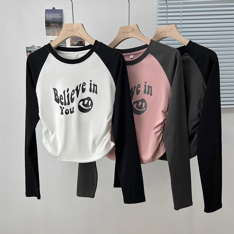 

American Style Sweet Girls Cotton T-shirt Printed Long Sleeved Women Tops and Tees with Pleated Waist Female Students Shirts