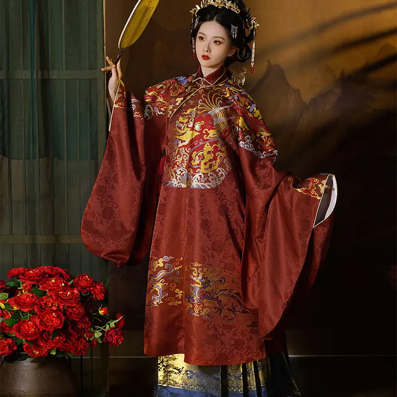 

Ancient Ming Dynasty Hanfu Standing Collar Long Robe Long Jacket Coat Woman Chinese Traditional Elegant Clothing