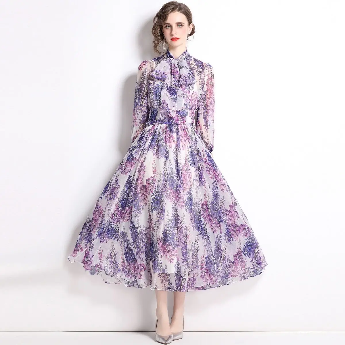 

Платье Doris Fanny Fashion в богемном стиле женское, шифоновое Элегантное Длинное пляжное макси-платье для отпуска с фиолетовым цветочным принтом и бантом на воротнике