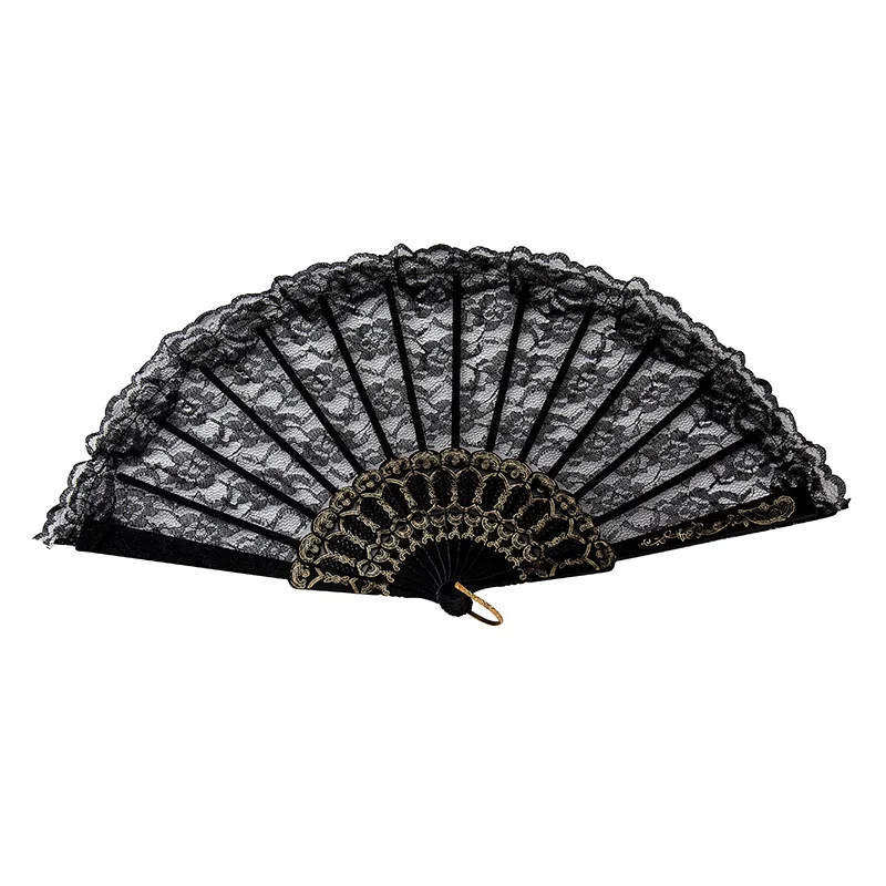 Ladies Lace Hand Fan Black White Cloth Folding Fans Spanish Victorian Hand Fan for Wedding Party Favor Gift Dance Ornament