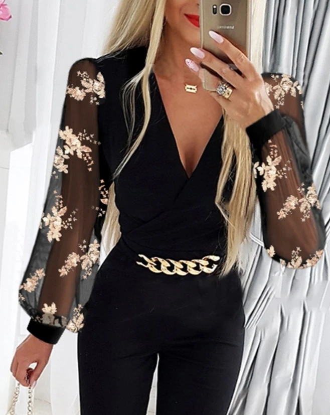 

Casual Women's Elegant Sexy Style V-Neck Long Sleeves Skinny Jumpsuit 2023 Floral Sequin Sheer Mesh Patch Chain Decor Jumpsuit