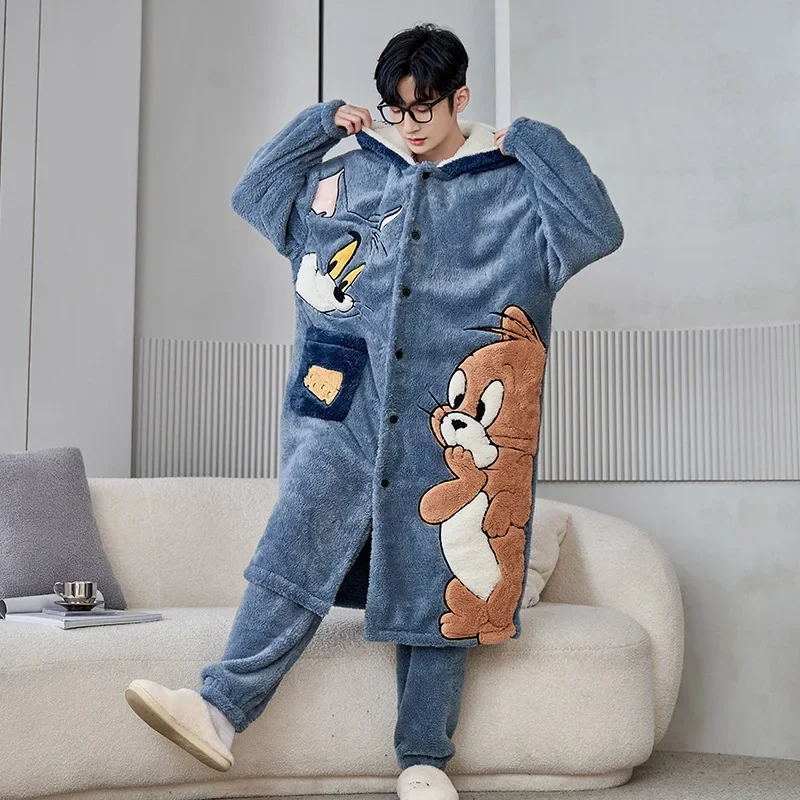 Winter Teen Nightgown Homewear Hoodie Set Coral Velvet Cartoon Flannel Thickened Fleece Cosy Thermal Pajamas for Men and Women men pyjamas,women pyjamas set