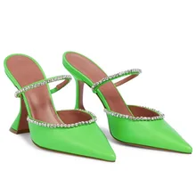 

style trendy half-drag women's shoes, outer wear fashionable sparkling rhinestone satin wine glass heel shoes, Baotou slippers