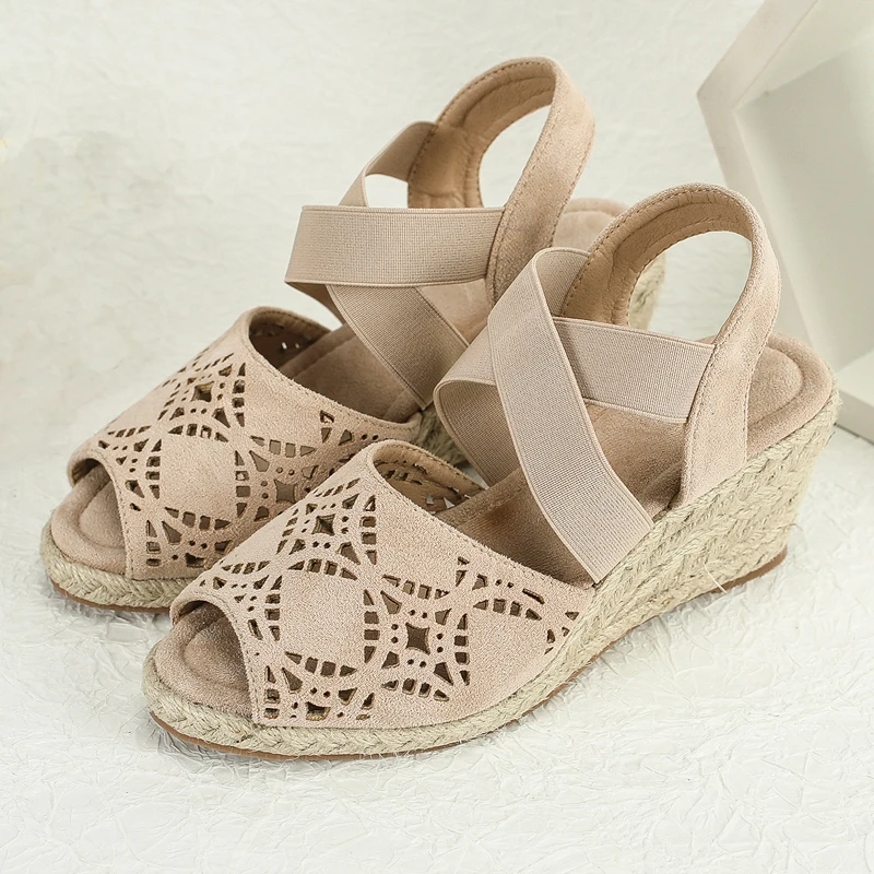 

Summer Platform Sandals Black Cross Ladies Wedge Sandals Low Heels Hemp Rope Wedges Shoes Hollow Out High Heels Beige