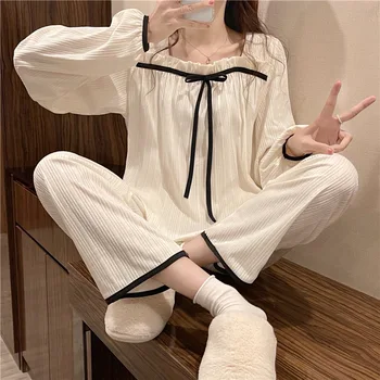 Women's Spring and Autumn Pajamas Set Women's Long-Sleeved Long Trousers Pajamas Homewear Sweet Leisure Homewear Loose Set 1