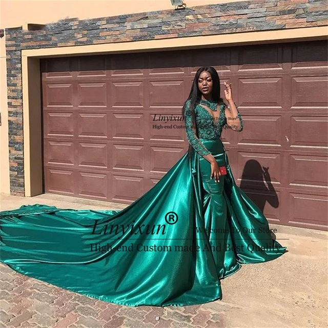 Green Long Sleeves Lace Satin Long Prom Dresses, Green Lace Formal Dre –  Shiny Party