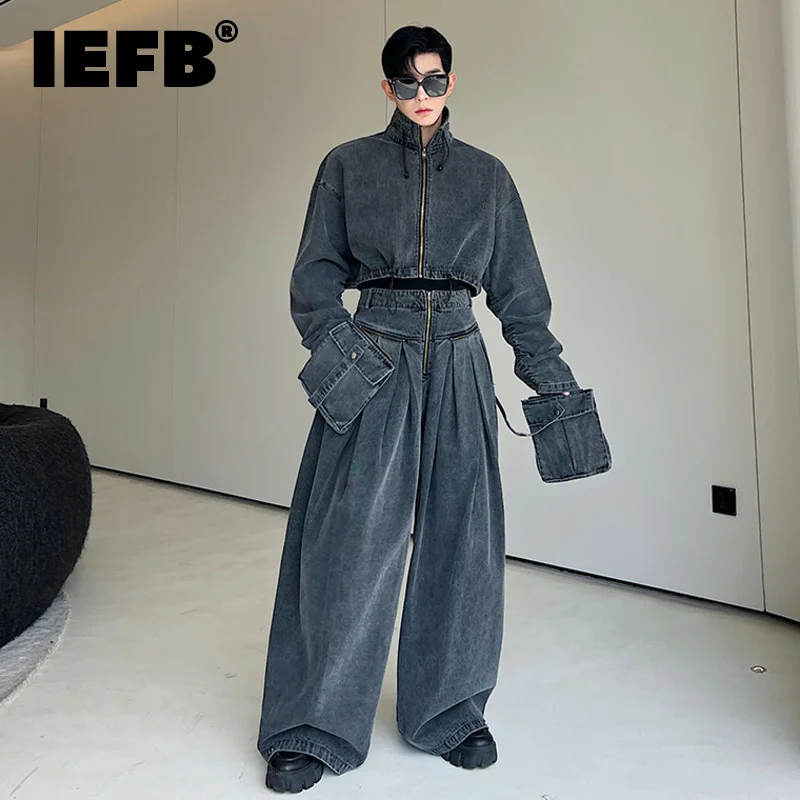 

Джинсовый костюм IEFB мужской из двух предметов, модная короткая куртка на молнии, штаны с широкими штанинами и большими карманами, на осень, 9C1543