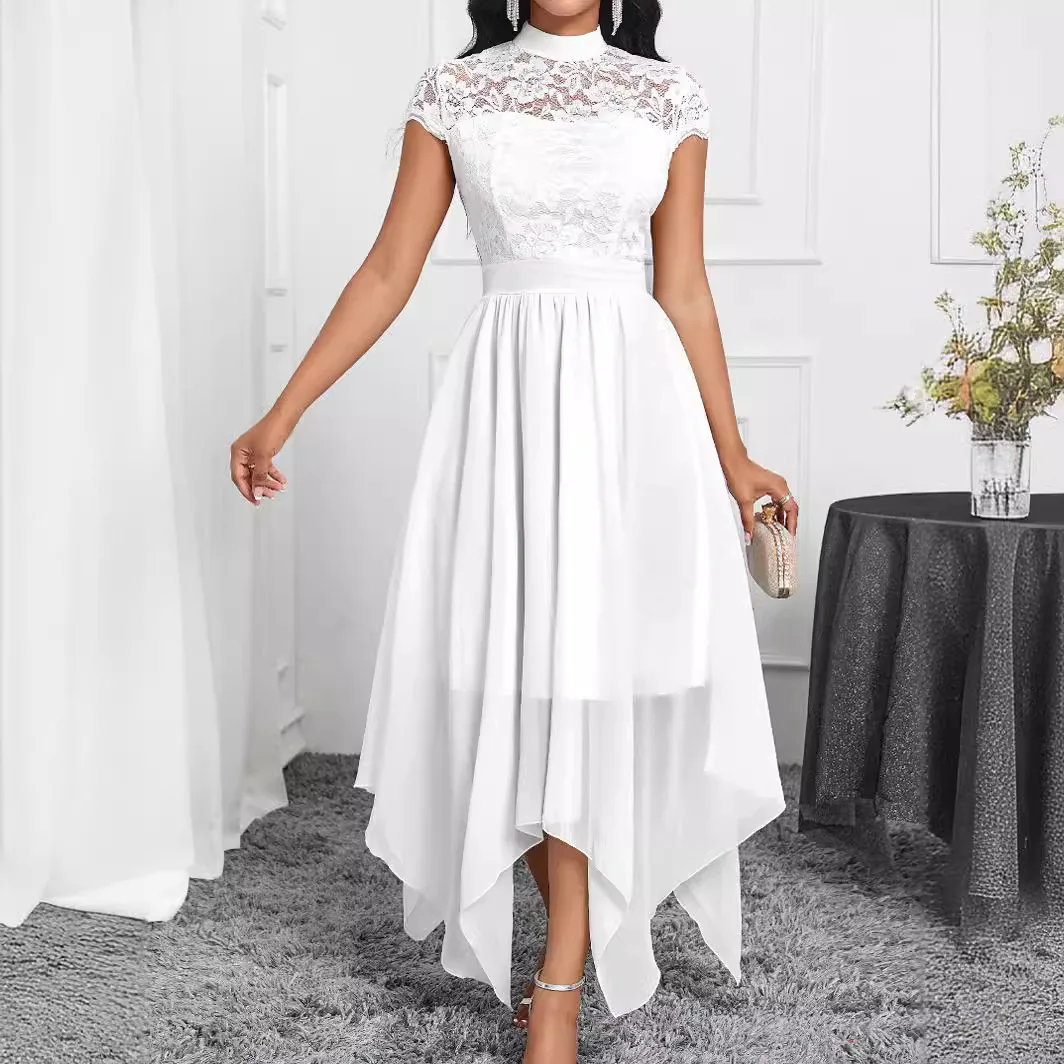 

2024spring And Summer New Women's Clothing Solid Color Hollow Splicing Irregular Temperament Elegant Round Neck Sleeveless Dress