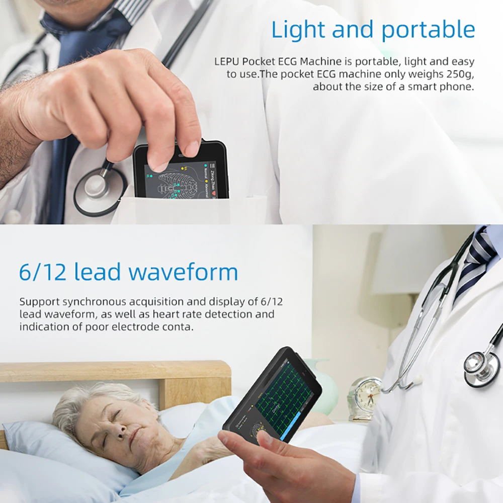 WIFI Portable ECG Machine Handheld Pocket ECG Machine Chargeable 6/12-Lead Glasgow Data Analysis Transfer 250g