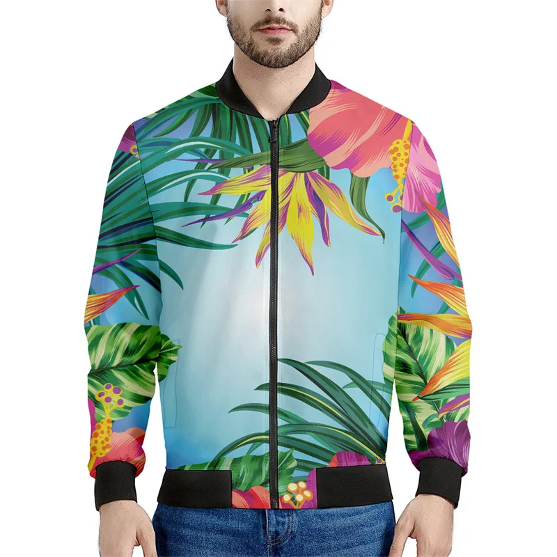 thumbnail image 1 of Chaqueta con estampado de flores coloridas hawaianas para hombre, sudaderas con estampado 3D de plantas tropicales, abrigos de manga larga con cremallera estilo bombardero callejero, 1 of 5