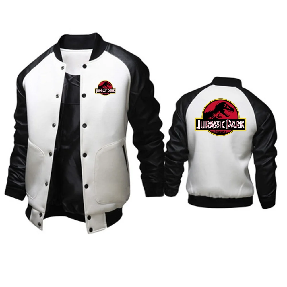 Youth Men's Baseball Coats Patchwork PU Sleeve Stand Collar Jackets Outerwear JURASSIC PARK Dinosaur World Graphic Men Jacket 2