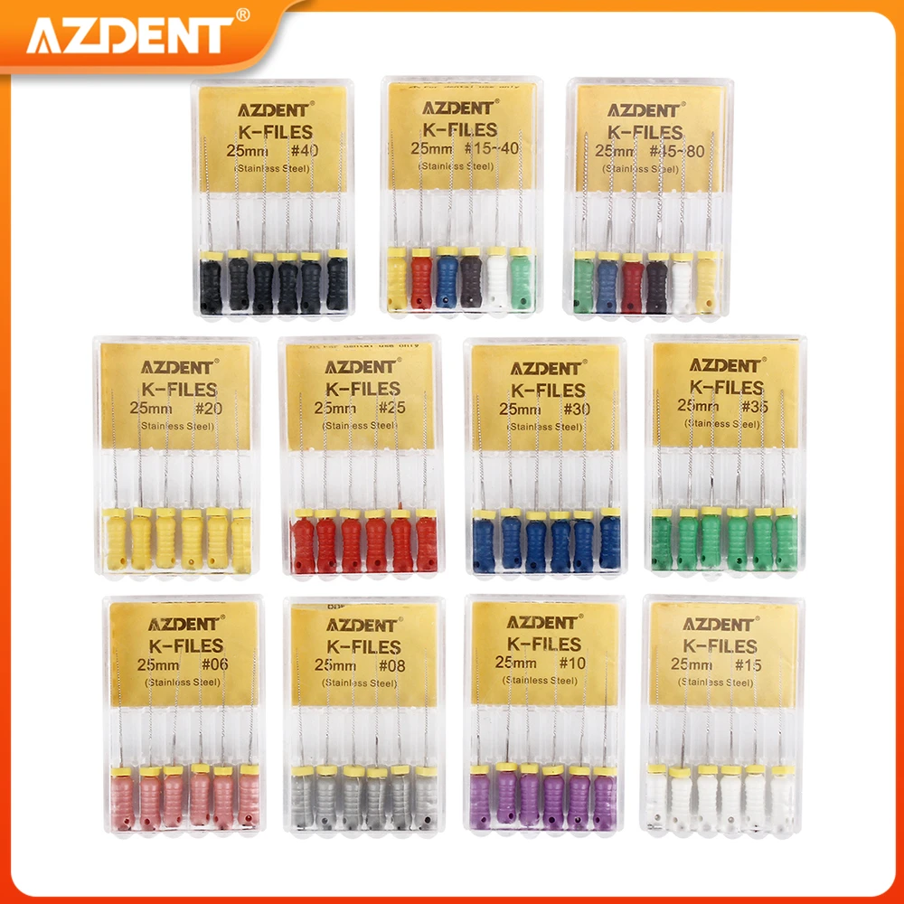 AZDENT-limas de endodoncia, accesorio Dental de acero inoxidable, 21mm y 25mm, #-40 #, 6 unids/lote/caja