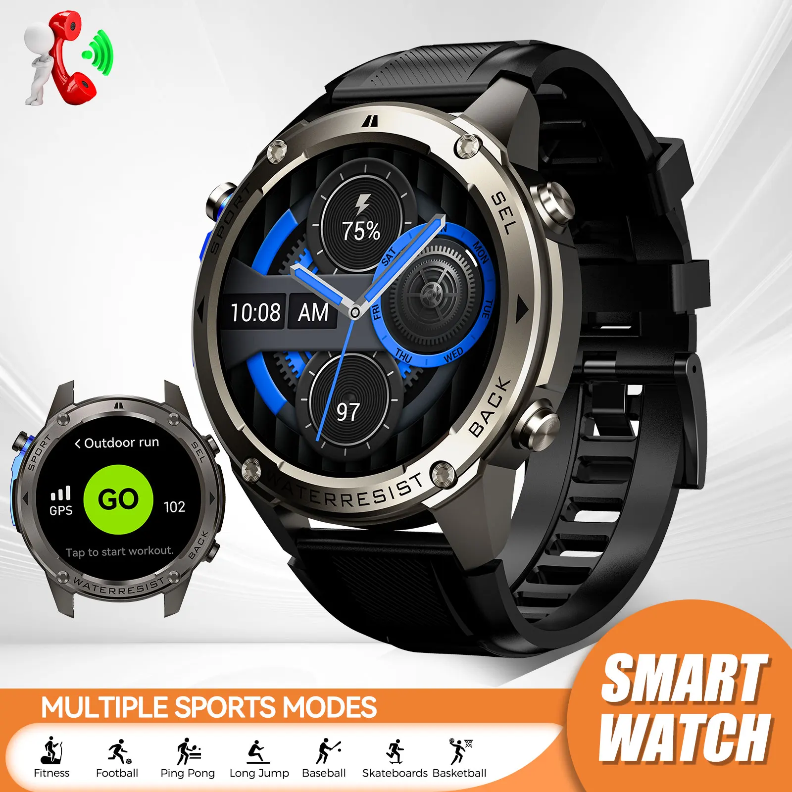 LaNikar Military Smart Watch for Men 5ATM Waterproof with GPS LED Always Display Watch with HR/SPO2 Monitor for iPhone Android