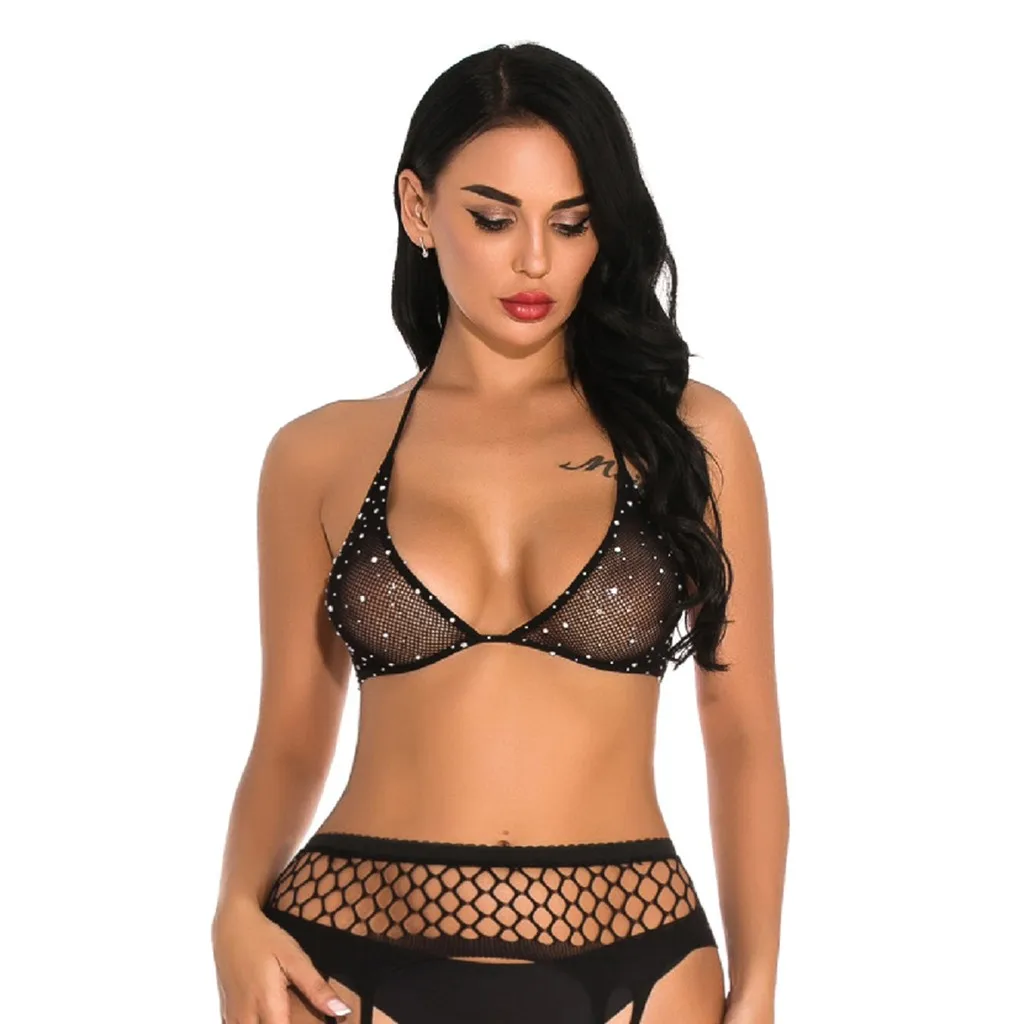 New Women'S Black Hollow Neck Bra Sexy Women Fishnet Lingerie Shiny Diamond Bandage Bra Underwear Sleepwear Ropa Interior